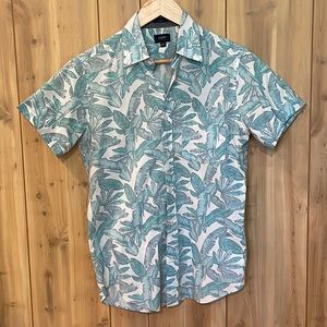 J Crew Factory Slim Fit Green and White Floral Short Sleeve Button Down